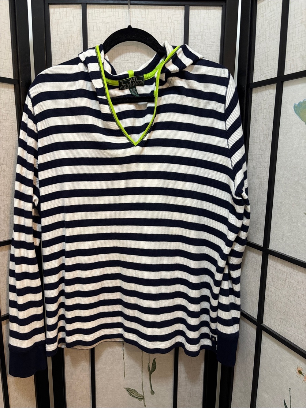 Lauren Ralph Lauren Active Navy & White Striped Hoodie with Lime Trim Accent